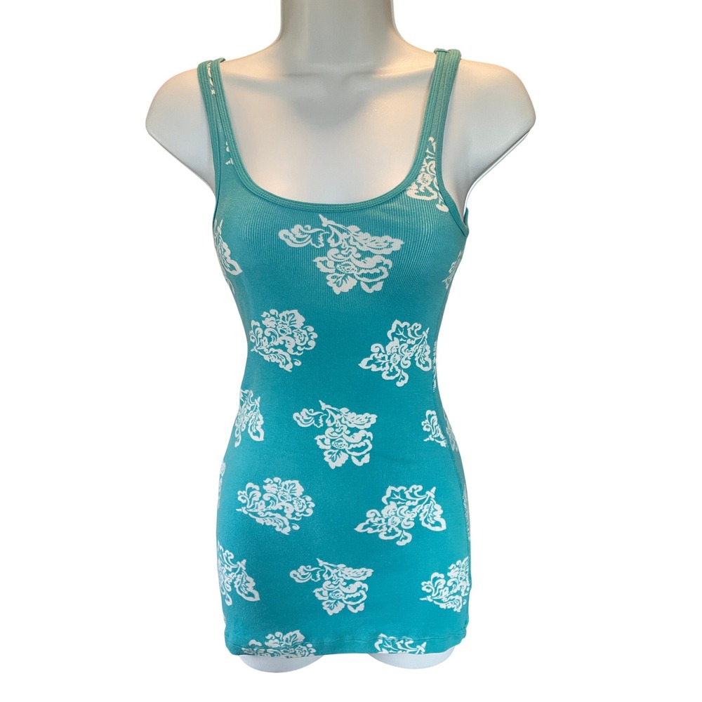 Mossimo Womens Vintage Y2K Graphic Floral Ribbed Tank Top Small‎ Teal Layering